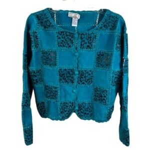 Y2K‎ Vintage S.M.H Suede Leather Jacket Coat Patchwork Leopard Teal Retro Medium